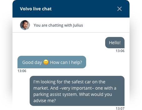 Chat support conversation example with a customer asking about Volvo's safety features.