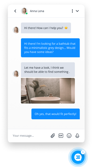 Chat box with a customer conversation about bathroom design.