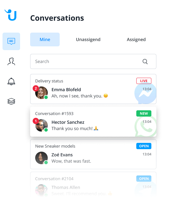 The conversation list within the Message Center, showing customer contacts who are in touch with the company over various messaging channels.