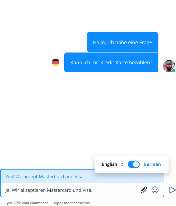 A chat conversation flow showing the auto-translation function, a powerful feature for international chat support.