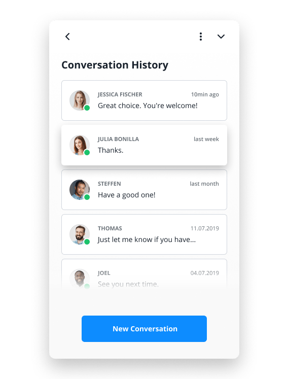 Chat window example with conversation history, through which customers can access their previous chat interactions with the company.