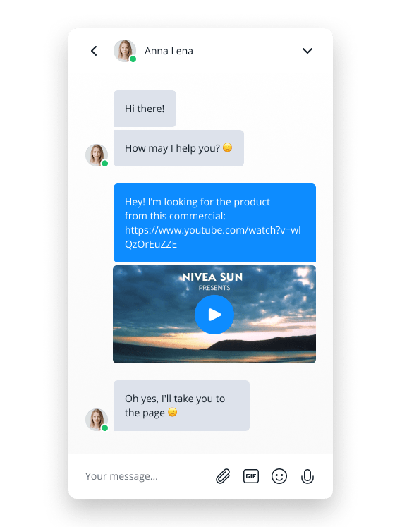 Chat window example with a customer conversation about a sunscreen commercial.
