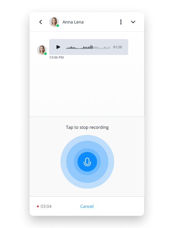Chat window showing the voice messaging feature.